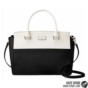 KATE SPADE GROVE STREET LANA LEATHER SATCHEL IN BLACK/CREAM WITH CROSSBODY STRAP